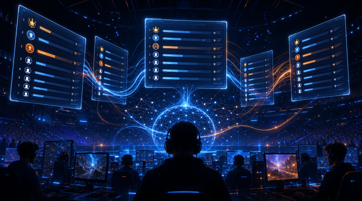 Redis leaderboard system for 100 million players - futuristic gaming arena with neon scoreboards