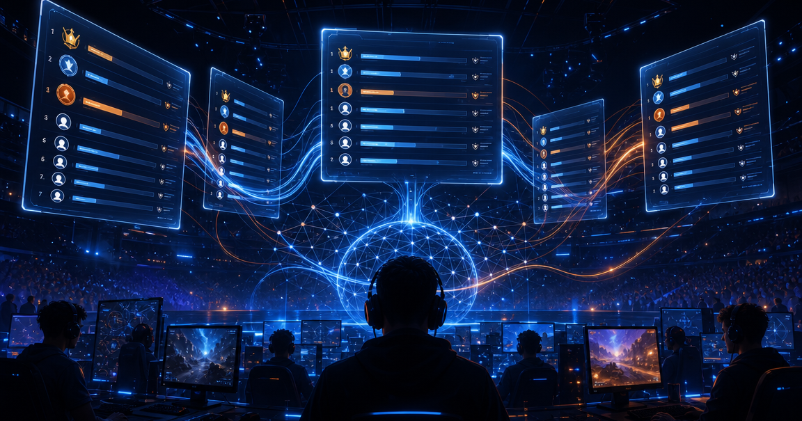 Redis leaderboard system for 100 million players - futuristic gaming arena with neon scoreboards