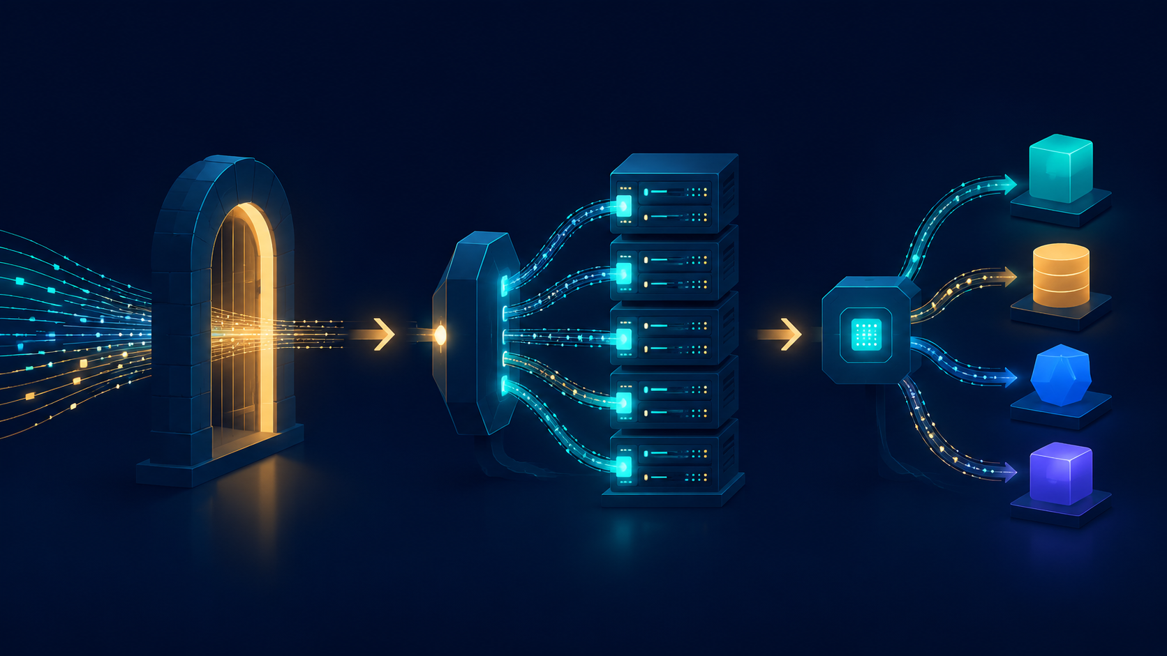 Editorial illustration of three network routing components that all sit in front of servers: a single glowing gateway front door where data arrives, a splitter that fans one stream of traffic into parallel lanes across identical server racks like a load balancer, and a smart junction routing labeled pipes to differently shaped service blocks like an api gateway, connected left to right by flowing arrows of data in a teal and deep blue palette with amber accents.