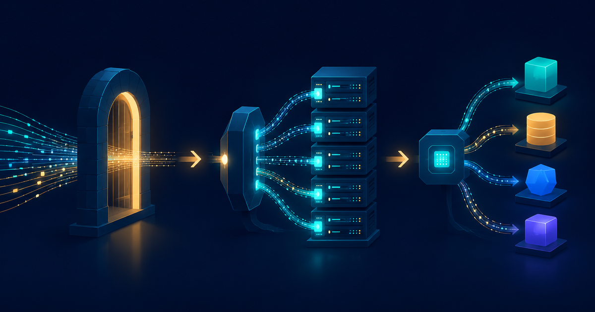 Editorial illustration of three network routing components that all sit in front of servers: a single glowing gateway front door where data arrives, a splitter that fans one stream of traffic into parallel lanes across identical server racks like a load balancer, and a smart junction routing labeled pipes to differently shaped service blocks like an api gateway, connected left to right by flowing arrows of data in a teal and deep blue palette with amber accents.