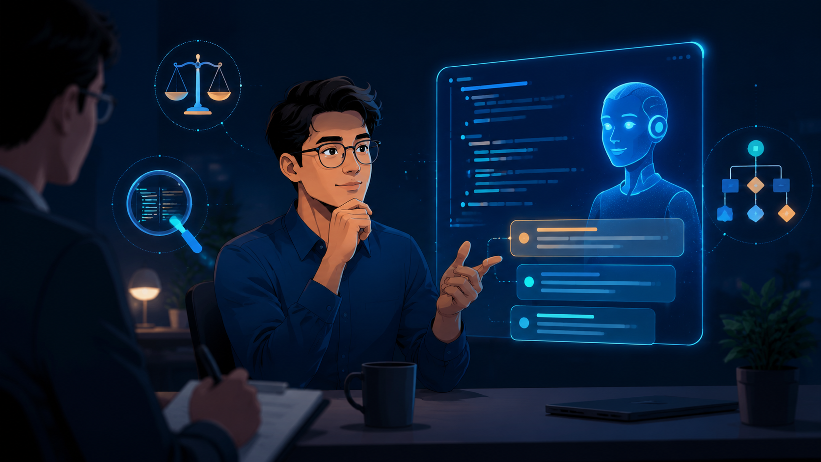 Editorial illustration of AI era interview preparation: a confident engineer in a job interview guiding and questioning an AI assistant rather than copying from it, with icons for judgment and reasoning