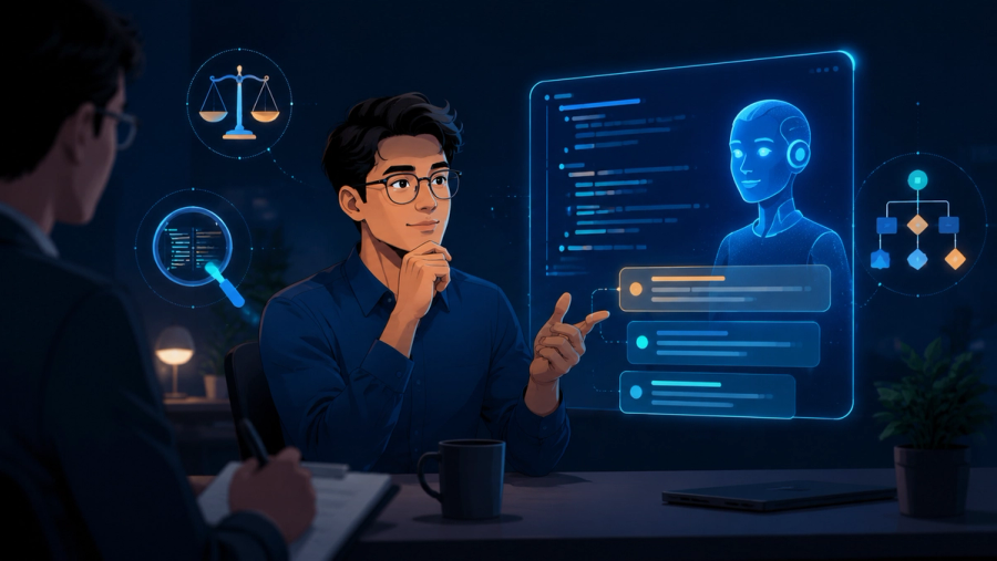 Editorial illustration of AI era interview preparation: a confident engineer in a job interview guiding and questioning an AI assistant rather than copying from it, with icons for judgment and reasoning