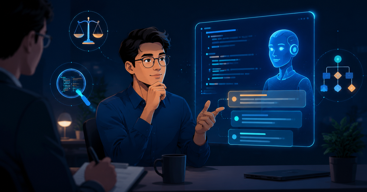 Editorial illustration of AI era interview preparation: a confident engineer in a job interview guiding and questioning an AI assistant rather than copying from it, with icons for judgment and reasoning