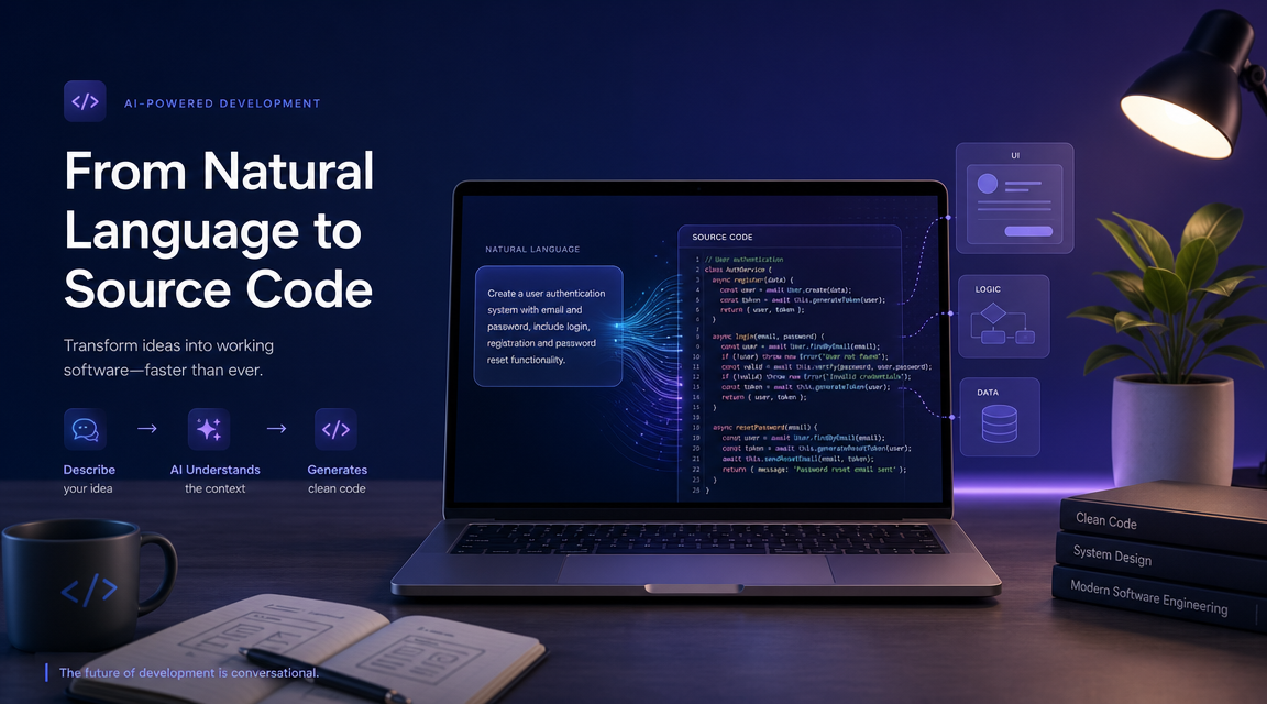 Developer workspace showing code transforming from natural language prompts into structured code