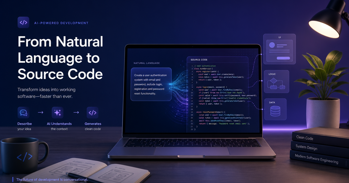 Developer workspace showing code transforming from natural language prompts into structured code