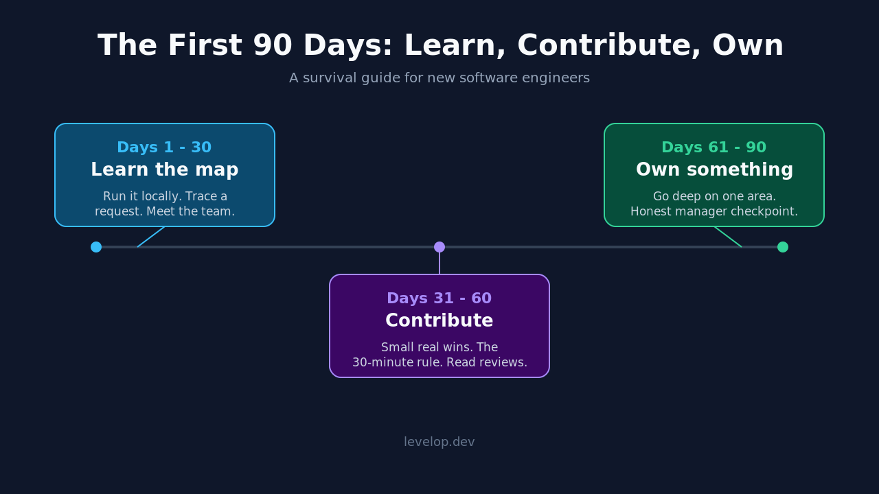 Timeline of the first 90 days as a software engineer showing the learn, contribute, and own phases across three months