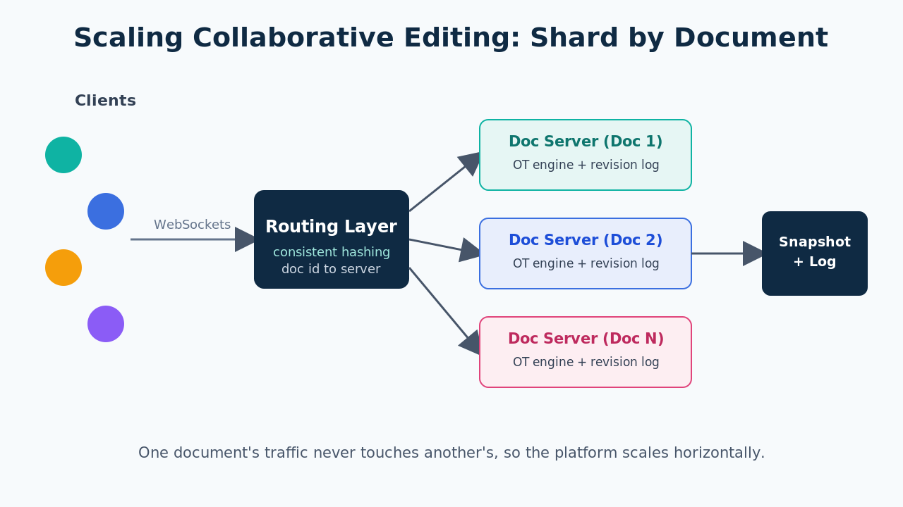 Scaling collaborative editing by sharding documents across servers via a routing layer with consistent hashing