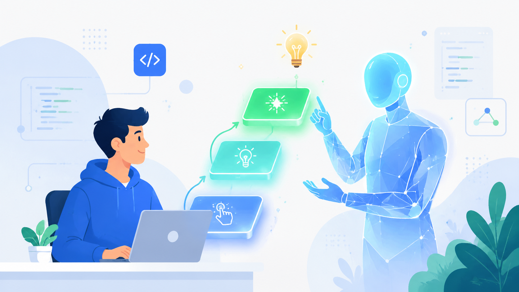 An AI mentor guiding a software engineer up a ladder of glowing steps toward an insight