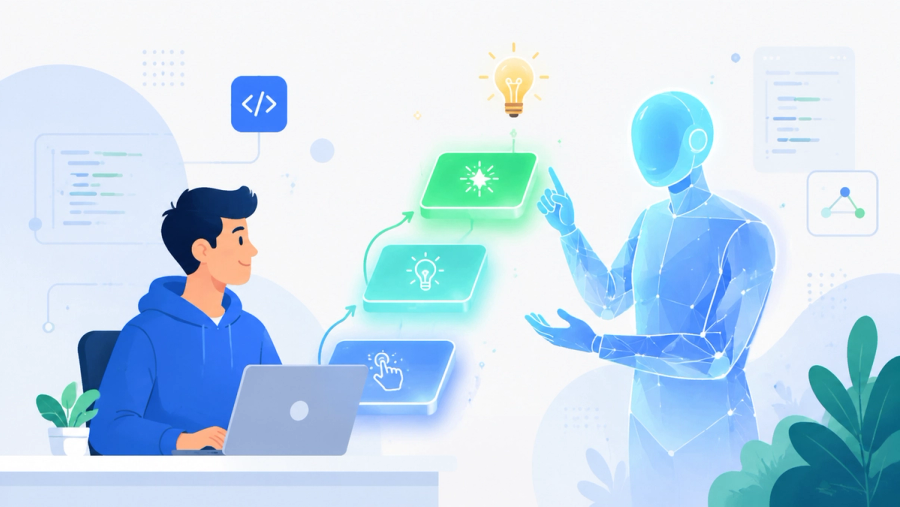 An AI mentor guiding a software engineer up a ladder of glowing steps toward an insight