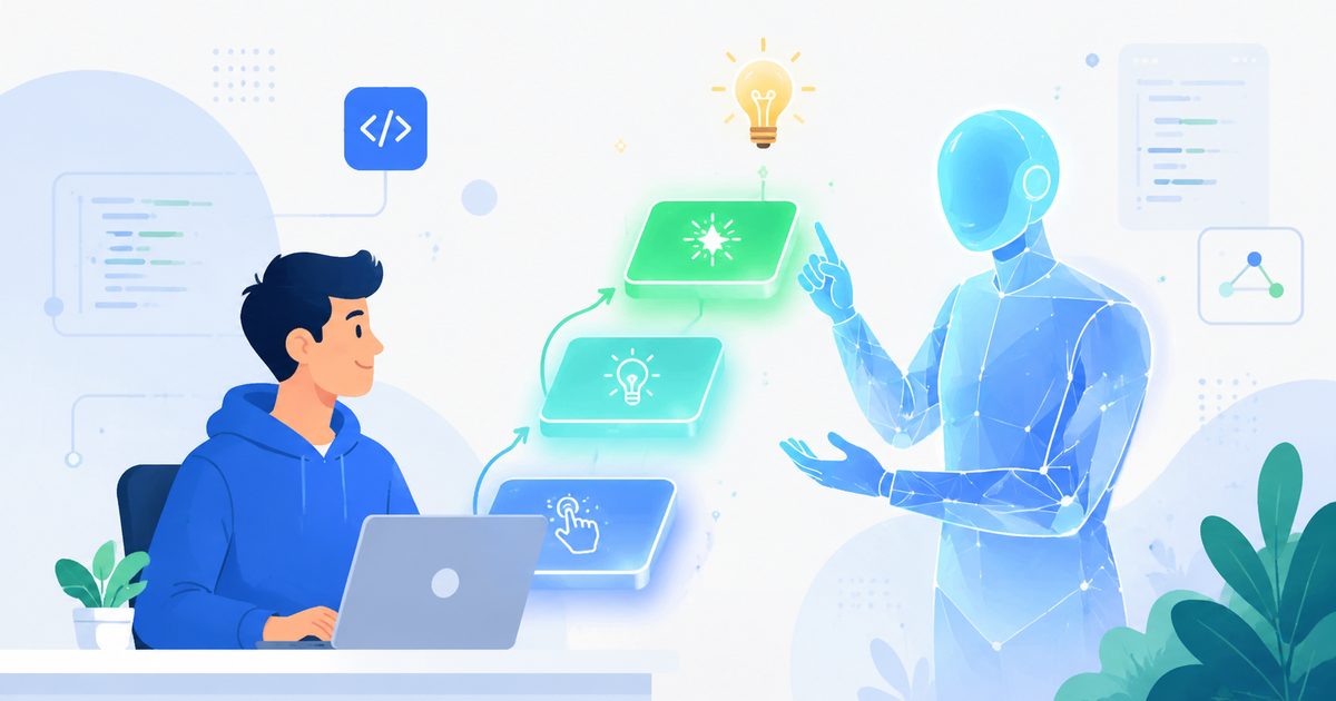 An AI mentor guiding a software engineer up a ladder of glowing steps toward an insight