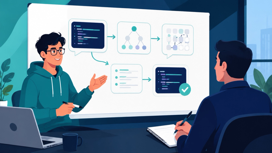 Engineer explaining their thought process to an interviewer during a coding interview