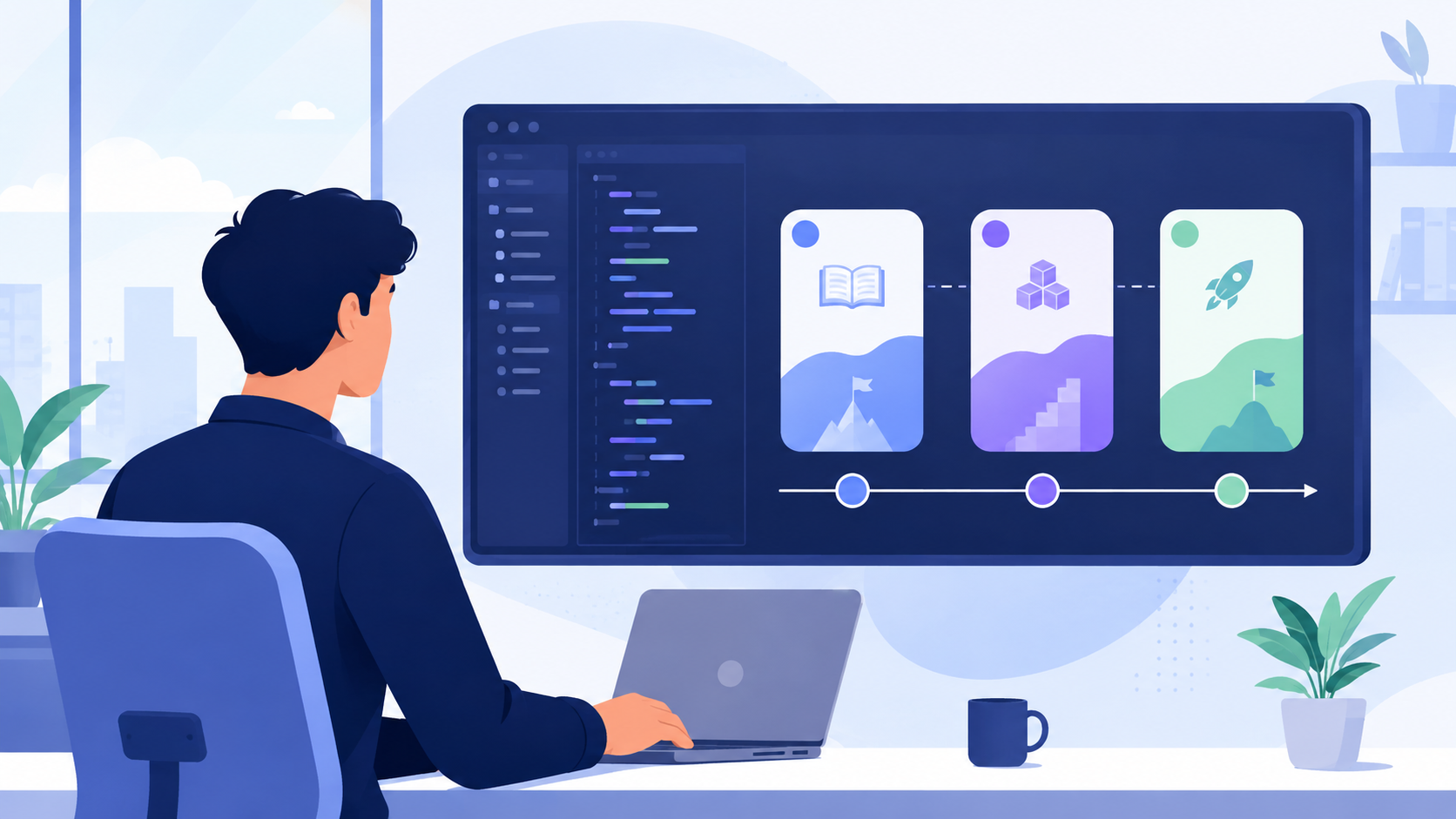 A new software engineer at their desk on day one facing a codebase and a three-phase 90-day roadmap