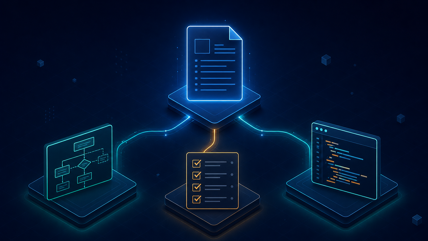 A specification document at the center deriving a plan, a task list, and code, representing spec-driven development