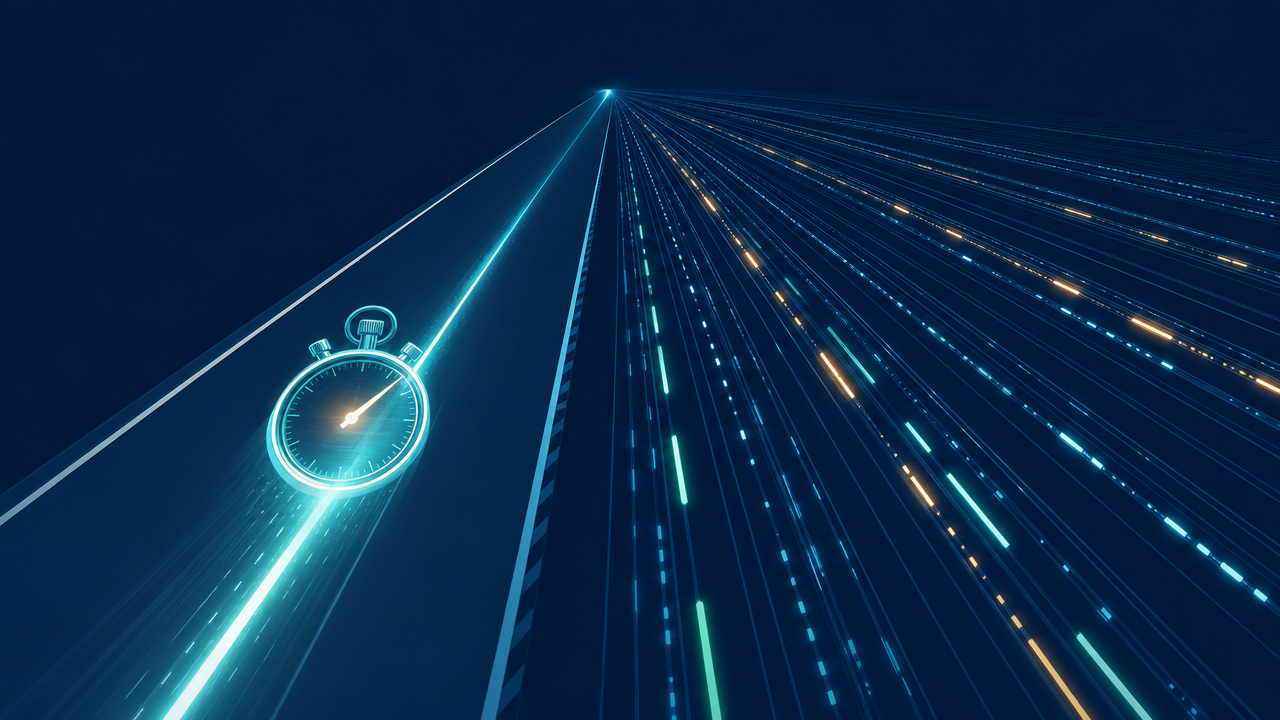 Editorial illustration of latency versus throughput: a single stopwatch racing down a thin fast lane represents latency, the time for one trip, while a wide multi lane highway full of parallel data streaks represents throughput, many operations per second, with a ladder of hardware tiers from cpu and memory to disk and a networked globe between them