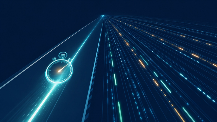 Editorial illustration of latency versus throughput: a single stopwatch racing down a thin fast lane represents latency, the time for one trip, while a wide multi lane highway full of parallel data streaks represents throughput, many operations per second, with a ladder of hardware tiers from cpu and memory to disk and a networked globe between them