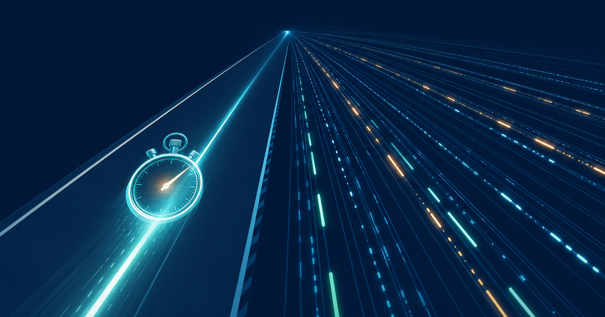 Editorial illustration of latency versus throughput: a single stopwatch racing down a thin fast lane represents latency, the time for one trip, while a wide multi lane highway full of parallel data streaks represents throughput, many operations per second, with a ladder of hardware tiers from cpu and memory to disk and a networked globe between them