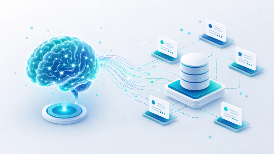 AI agent brain connected to an external memory store of database and note nodes