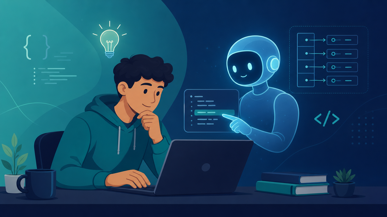 A learner coding at a laptop while a friendly AI assistant points to a hint rather than the full answer