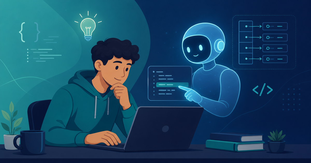 A learner coding at a laptop while a friendly AI assistant points to a hint rather than the full answer