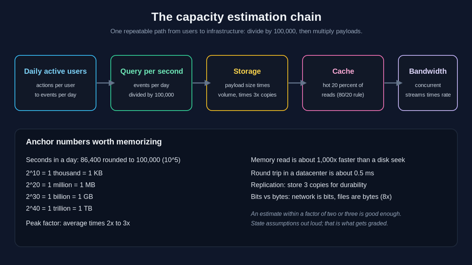 The capacity estimation chain for a system design interview: start with daily active users and actions per user to get events per day, divide by 100,000 seconds to get query per second, multiply payload size by volume and 3x replication for storage, cache the hot 20 percent of reads under the 80/20 rule, and compute bandwidth from concurrent streams times the per stream rate. Anchor numbers include 86,400 seconds in a day rounded to 100,000, powers of two mapped to KB MB GB TB, a 2x to 3x peak factor, and a memory read being about 1,000 times faster than a disk seek.