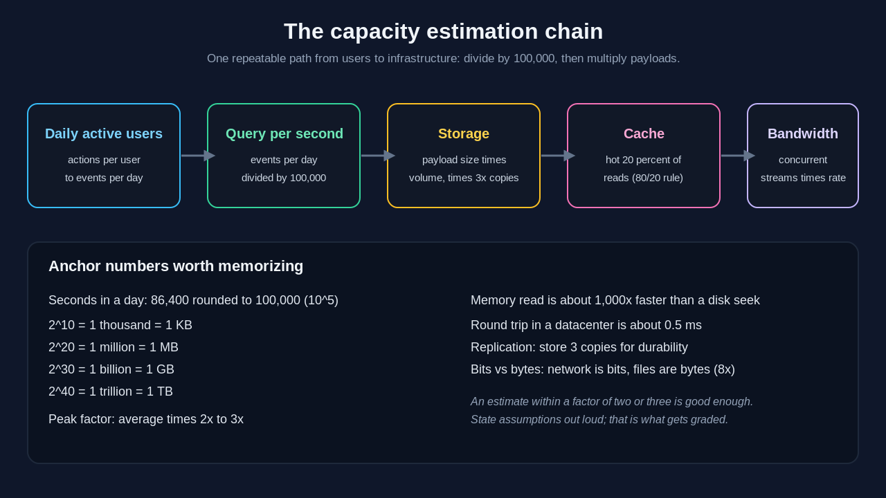 The capacity estimation chain for a system design interview: start with daily active users and actions per user to get events per day, divide by 100,000 seconds to get query per second, multiply payload size by volume and 3x replication for storage, cache the hot 20 percent of reads under the 80/20 rule, and compute bandwidth from concurrent streams times the per stream rate. Anchor numbers include 86,400 seconds in a day rounded to 100,000, powers of two mapped to KB MB GB TB, a 2x to 3x peak factor, and a memory read being about 1,000 times faster than a disk seek.