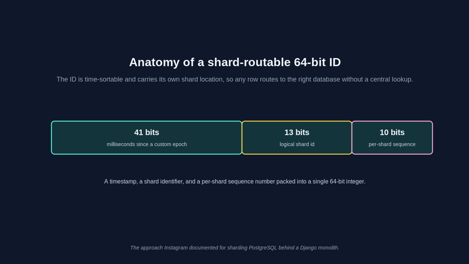 A diagram titled anatomy of a shard-routable 64-bit ID. A horizontal bar is split into three colored segments: a wide 41 bit segment labeled milliseconds since a custom epoch, a 13 bit segment labeled logical shard id, and a 10 bit segment labeled per-shard sequence. The caption explains that a timestamp, a shard identifier, and a per-shard sequence number are packed into a single 64-bit integer that is time-sortable and carries its own shard location, so any row routes to the right database without a central lookup, the approach Instagram documented for sharding PostgreSQL behind a Django monolith.