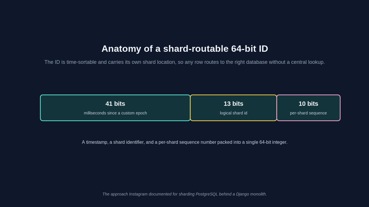 A diagram titled anatomy of a shard-routable 64-bit ID. A horizontal bar is split into three colored segments: a wide 41 bit segment labeled milliseconds since a custom epoch, a 13 bit segment labeled logical shard id, and a 10 bit segment labeled per-shard sequence. The caption explains that a timestamp, a shard identifier, and a per-shard sequence number are packed into a single 64-bit integer that is time-sortable and carries its own shard location, so any row routes to the right database without a central lookup, the approach Instagram documented for sharding PostgreSQL behind a Django monolith.