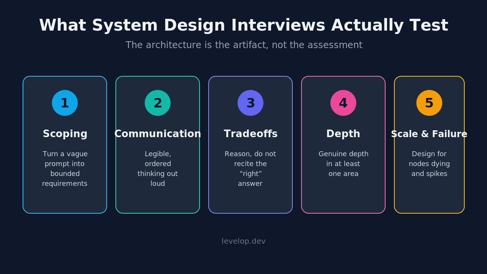 The five things system design interviews actually test: scoping, communication, tradeoff reasoning, technical depth, and handling scale and failure