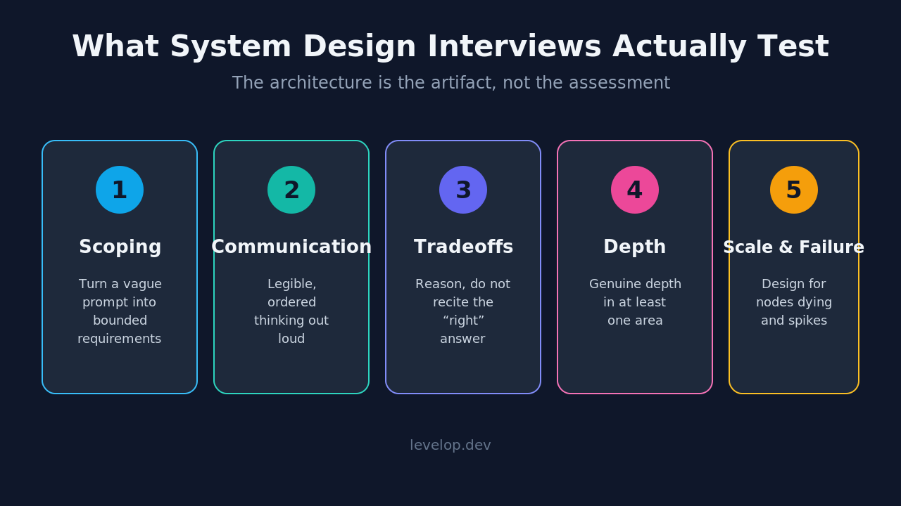 The five things system design interviews actually test: scoping, communication, tradeoff reasoning, technical depth, and handling scale and failure