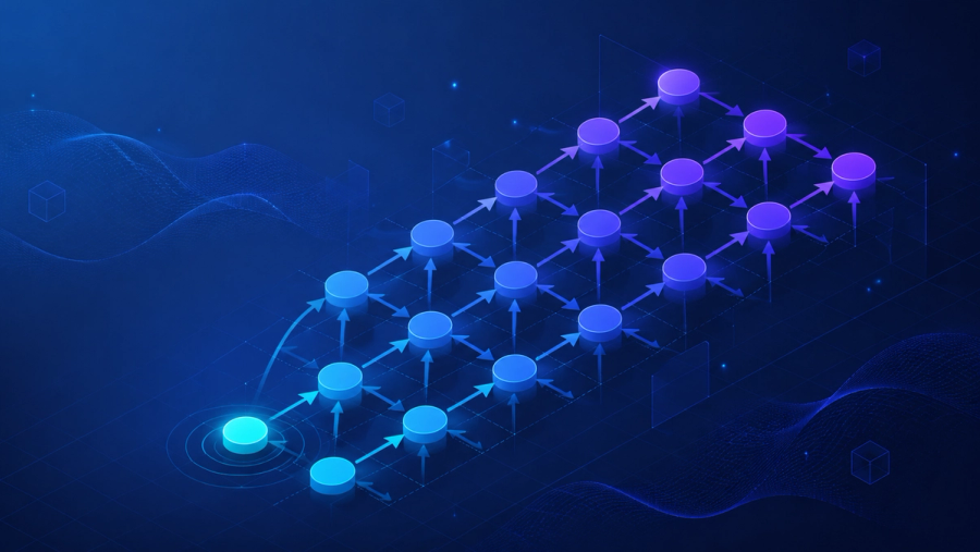 Dynamic Programming State and Transition Framework - Abstract visualization of connected nodes forming a DP table