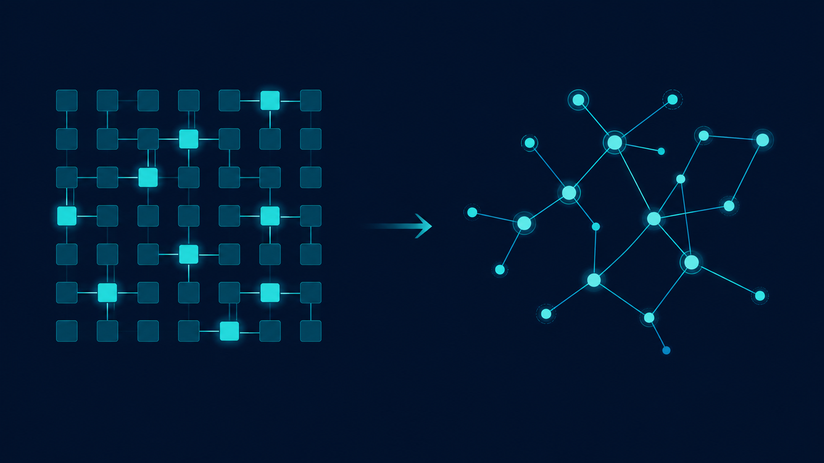 Grid of cells morphing into a node and edge graph