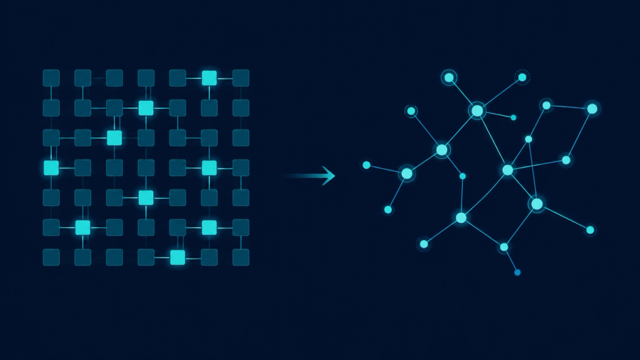 Grid of cells morphing into a node and edge graph