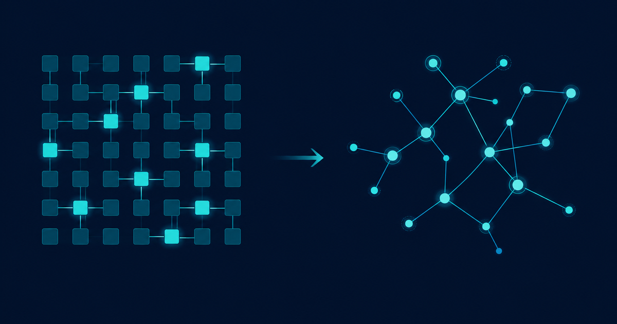 Grid of cells morphing into a node and edge graph