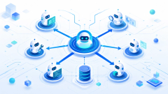 Illustration of multiple AI agents collaborating under a supervisor with a shared data store