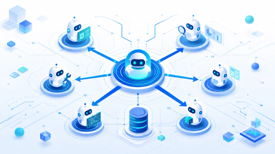 Illustration of multiple AI agents collaborating under a supervisor with a shared data store