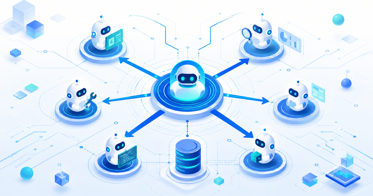 Illustration of multiple AI agents collaborating under a supervisor with a shared data store