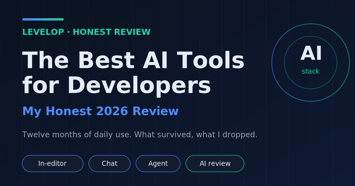 Levelop honest 2026 review cover for the best AI tools for developers, showing in-editor, chat, agent, and AI review categories