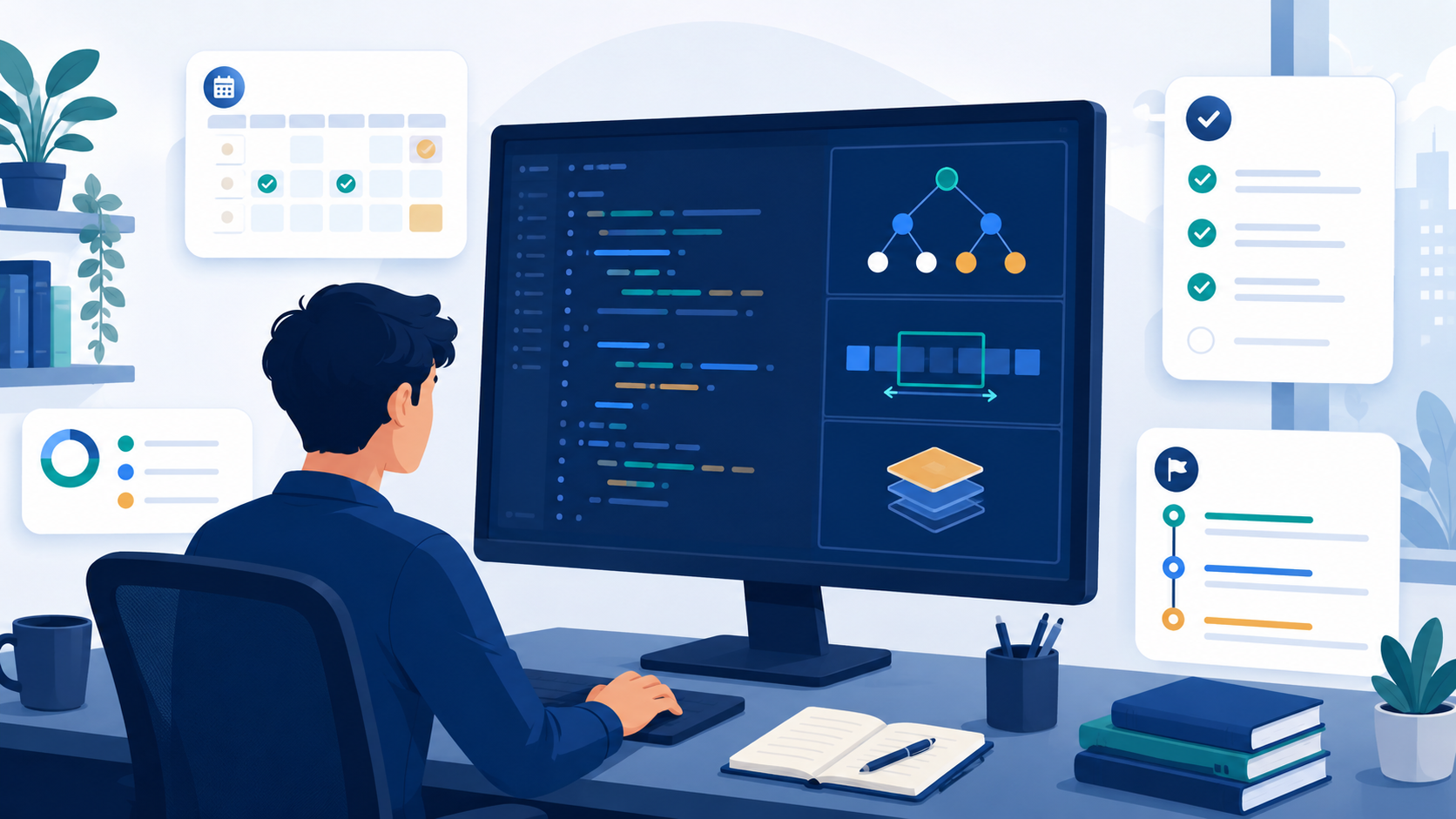 Editorial illustration of a calm developer at a desk in front of a large screen showing abstract code and algorithm pattern icons, surrounded by floating cards for a study plan, checklist, and timeline, in a deep blue and teal palette, representing structured coding interview preparation.