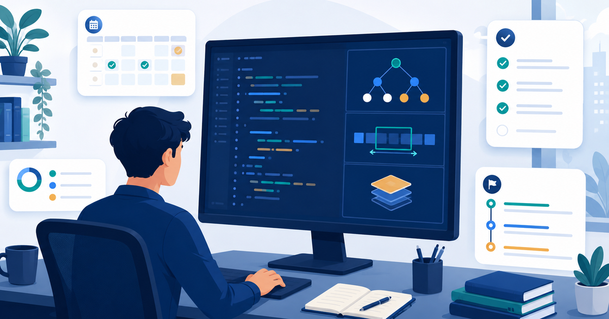 Editorial illustration of a calm developer at a desk in front of a large screen showing abstract code and algorithm pattern icons, surrounded by floating cards for a study plan, checklist, and timeline, in a deep blue and teal palette, representing structured coding interview preparation.