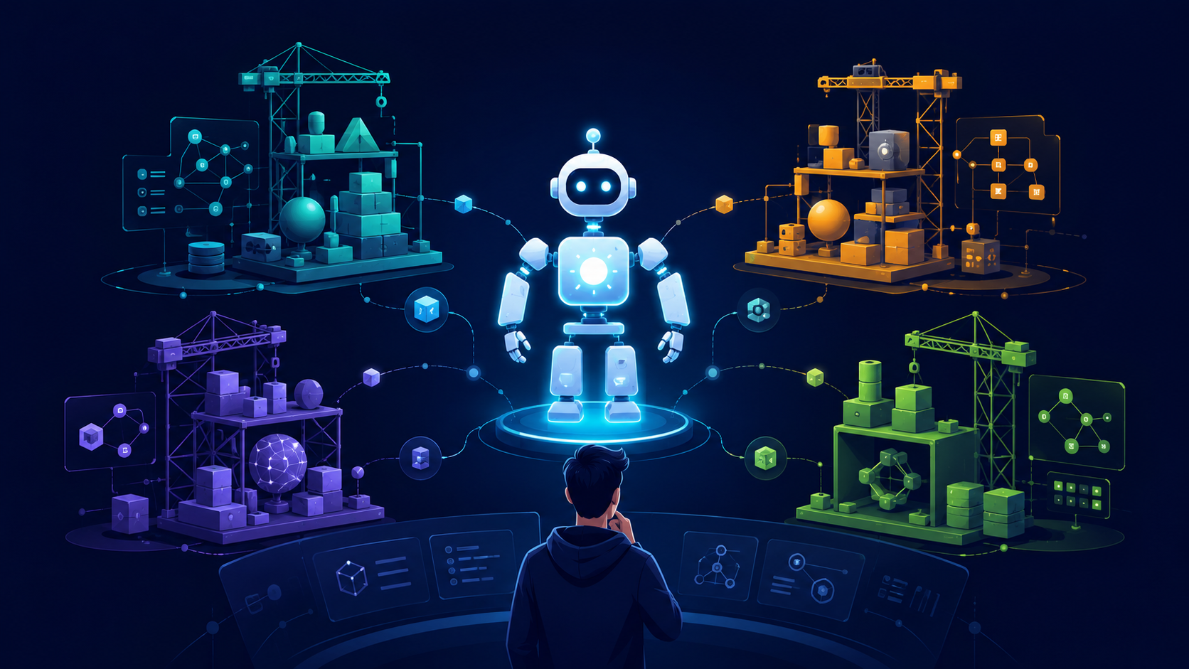 Editorial illustration of a developer choosing between several AI agent frameworks. A glowing modular agent assembled from clean geometric building blocks sits in the center, surrounded by several stylized framework toolkits in teal, amber, violet, and green, connected by lines and nodes that suggest a graph of steps, memory, and tools.