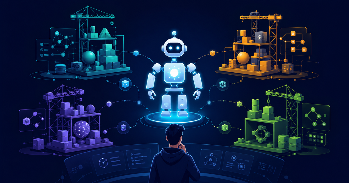 Editorial illustration of a developer choosing between several AI agent frameworks. A glowing modular agent assembled from clean geometric building blocks sits in the center, surrounded by several stylized framework toolkits in teal, amber, violet, and green, connected by lines and nodes that suggest a graph of steps, memory, and tools.