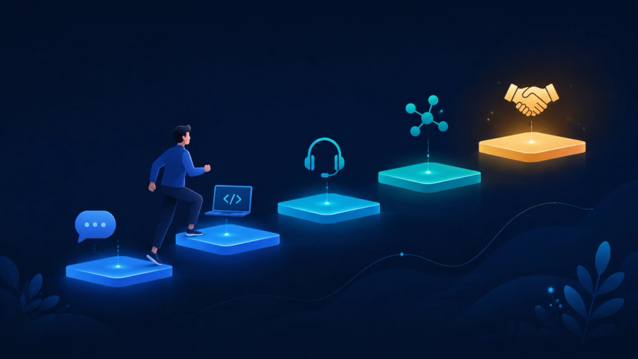Editorial illustration of five ascending glowing steps representing the stages of the software engineer interview process, with a figure climbing toward an offer