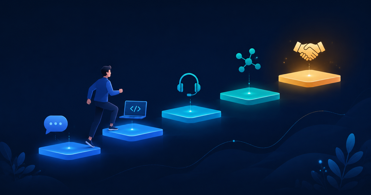 Editorial illustration of five ascending glowing steps representing the stages of the software engineer interview process, with a figure climbing toward an offer