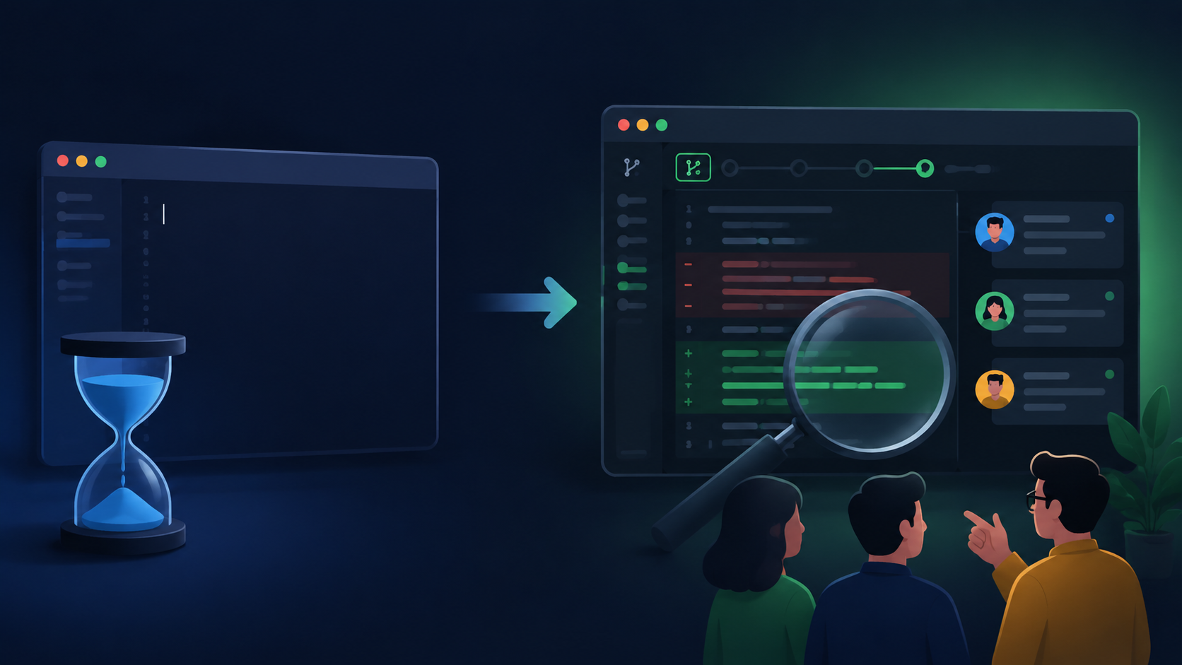Editorial illustration of the shift from a blank timed coding editor to a code review interview where an engineer inspects a pull request