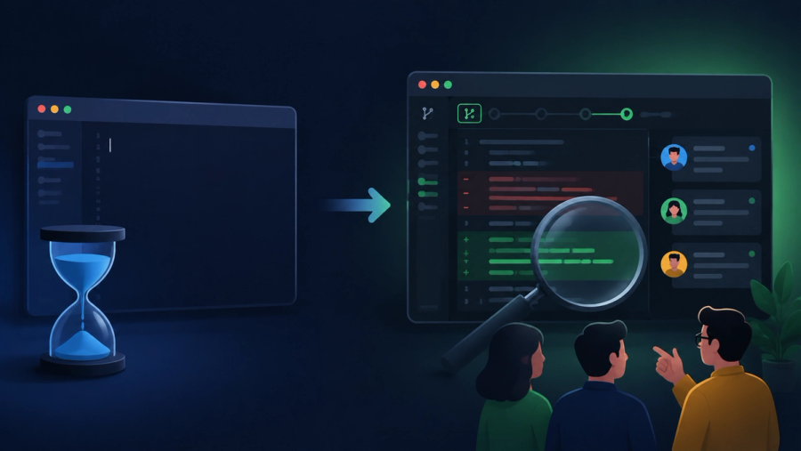 Editorial illustration of the shift from a blank timed coding editor to a code review interview where an engineer inspects a pull request