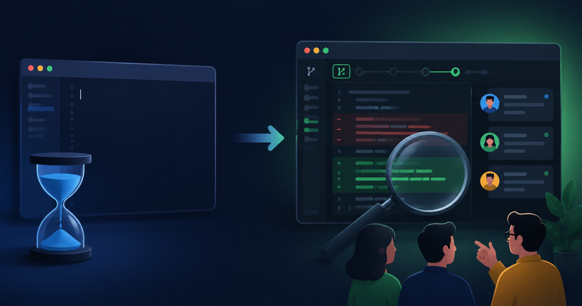 Editorial illustration of the shift from a blank timed coding editor to a code review interview where an engineer inspects a pull request