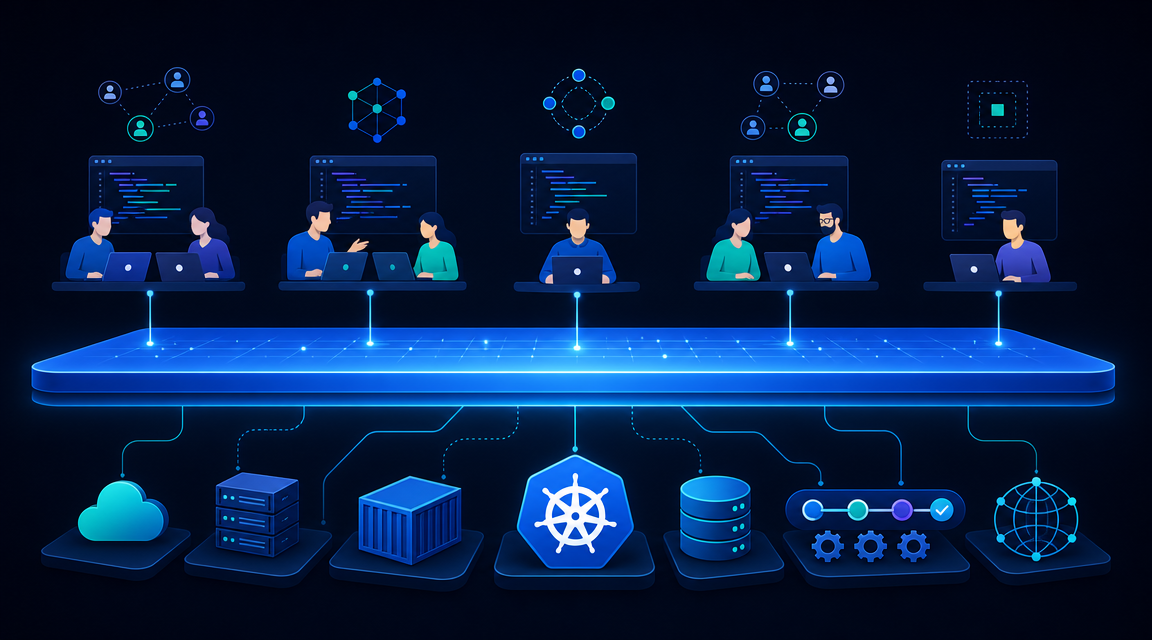 Platform engineering concept illustration showing a central platform layer connecting developer teams with infrastructure