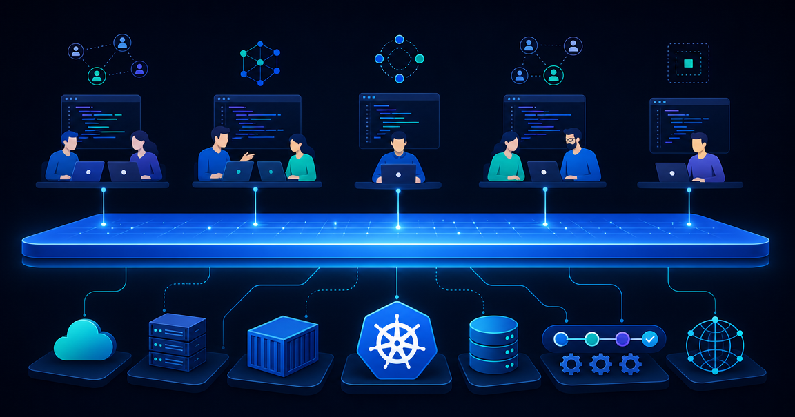Platform engineering concept illustration showing a central platform layer connecting developer teams with infrastructure