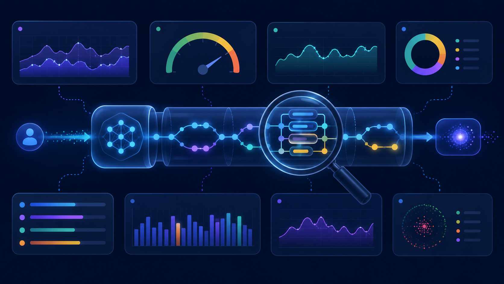 Editorial illustration of a live AI language-model app in production observed through nested tracing spans on a branching timeline, surrounded by monitoring dashboards showing latency, token cost, error rate, and a quality trend drifting over time, representing LLM observability