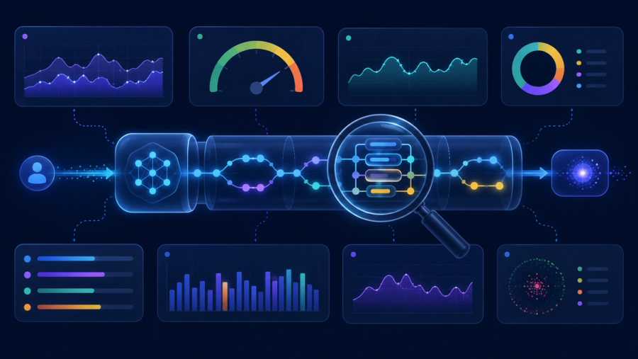 Editorial illustration of a live AI language-model app in production observed through nested tracing spans on a branching timeline, surrounded by monitoring dashboards showing latency, token cost, error rate, and a quality trend drifting over time, representing LLM observability